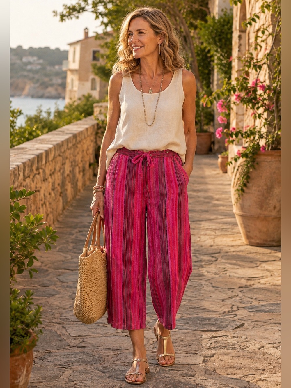 Sundance Hana Striped Crop Pants Pink Magenta Boho Wide Leg M Coastal Grandma
